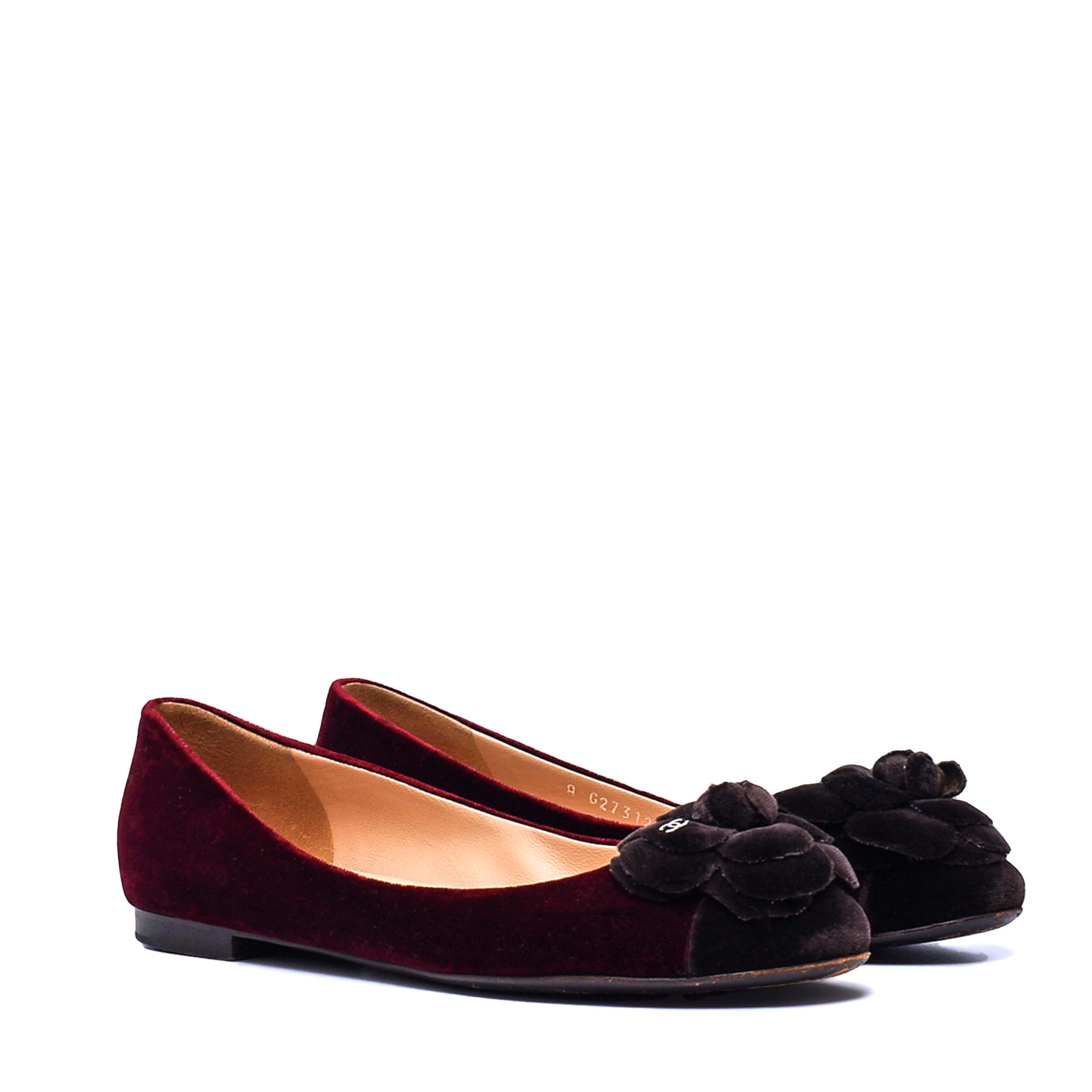 Chanel - Bordeaux & Brown Velvet CC Camellia Flower Ballet Flats / 38